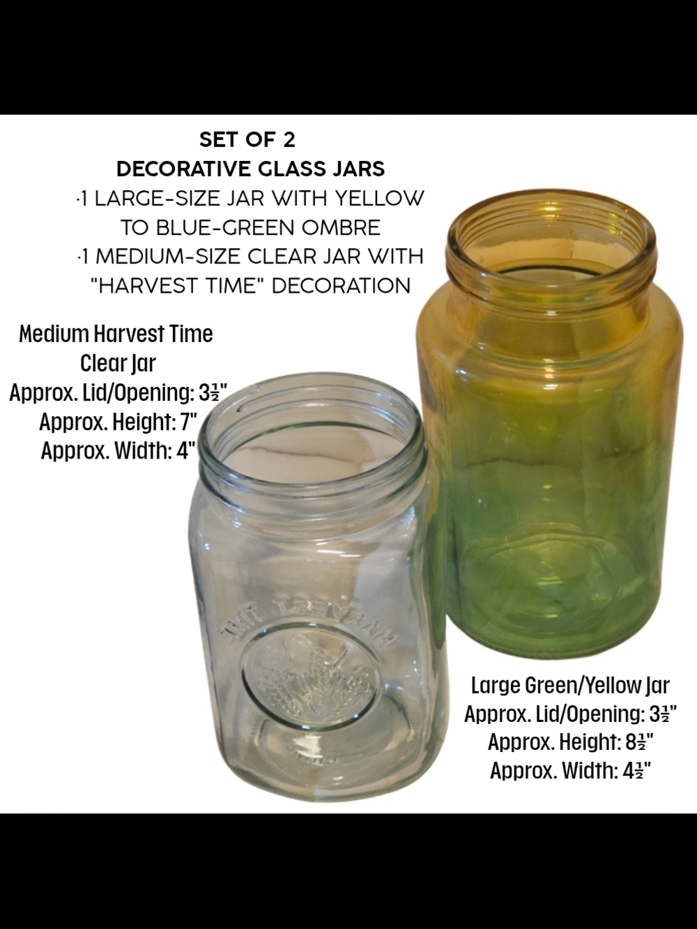 Set of 2 Decorative Glass Jars • Large Green-Yellow Ombre Jar & Medium Clear Jar
